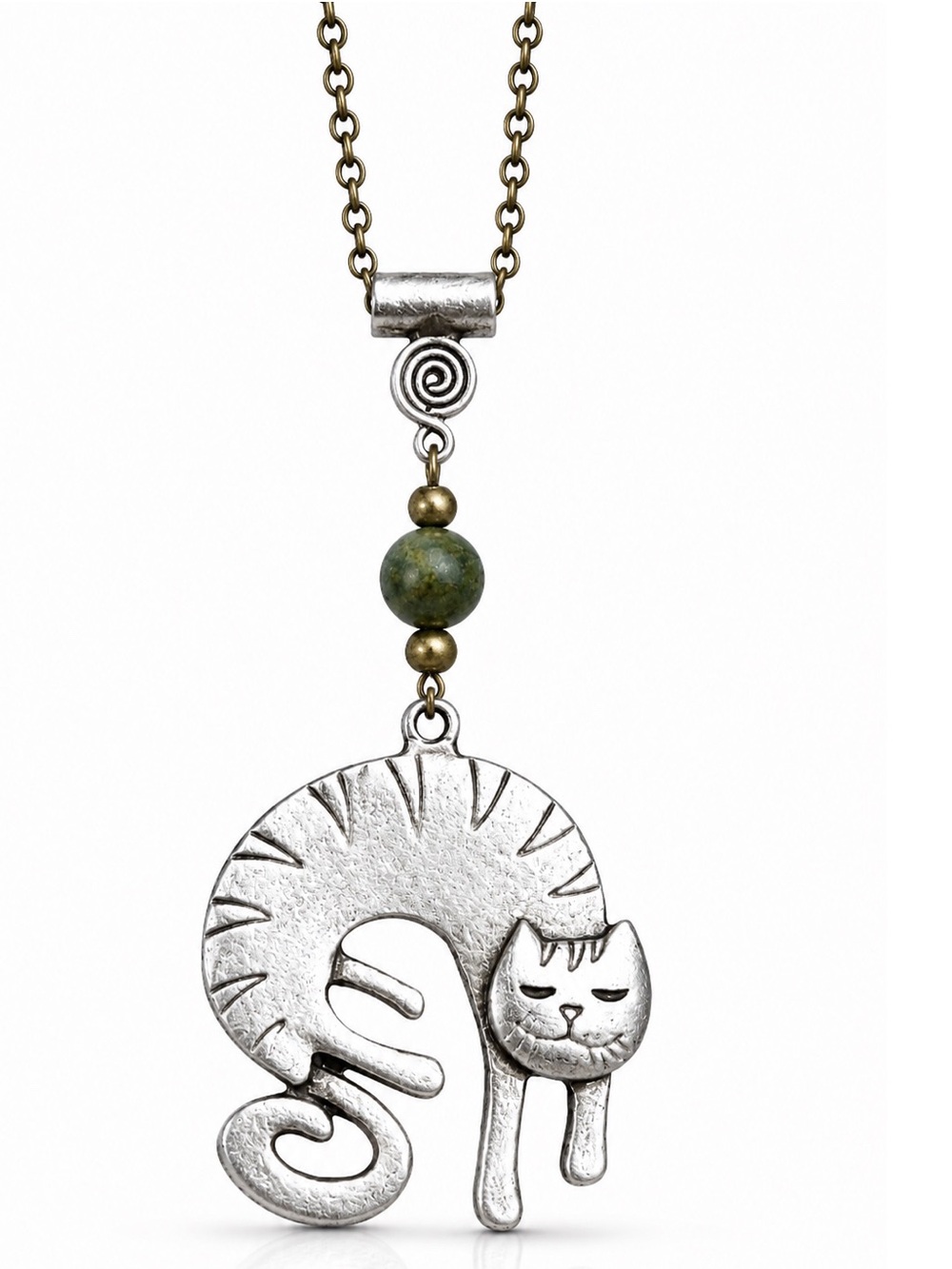 Sleeping Cat Necklace, Antique Bronze Chain, Green Bead, 20 Inch